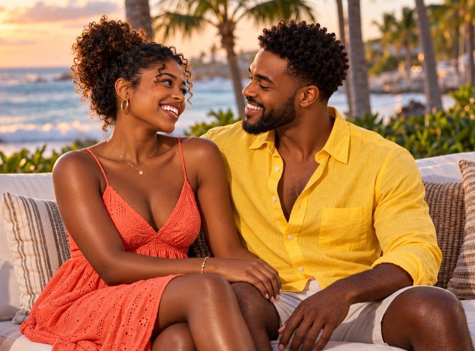 A couple a smile together beside di Caribbean sea as di sun a set
