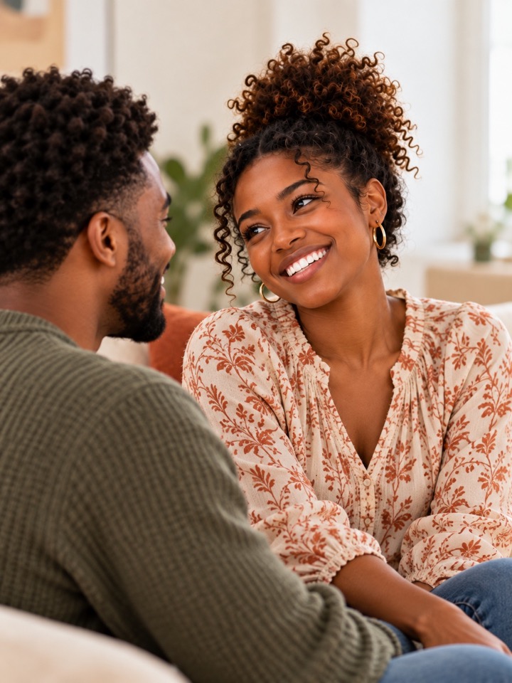A couple a smile at each other while dem a talk
